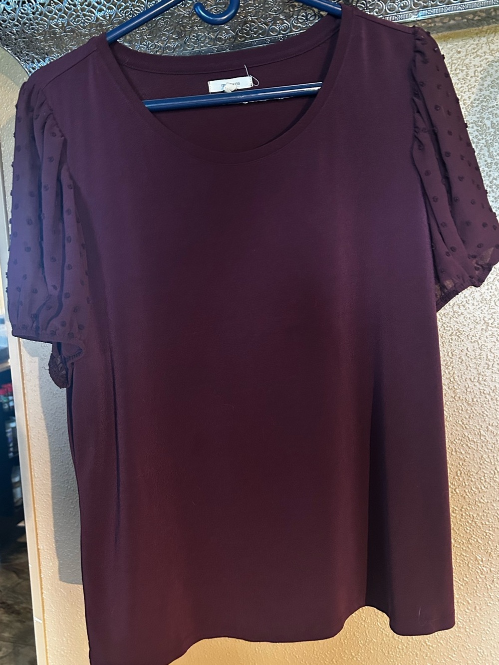 Maurices Plum Short-Sleeve Blouse with Sheer Dot Sleeves